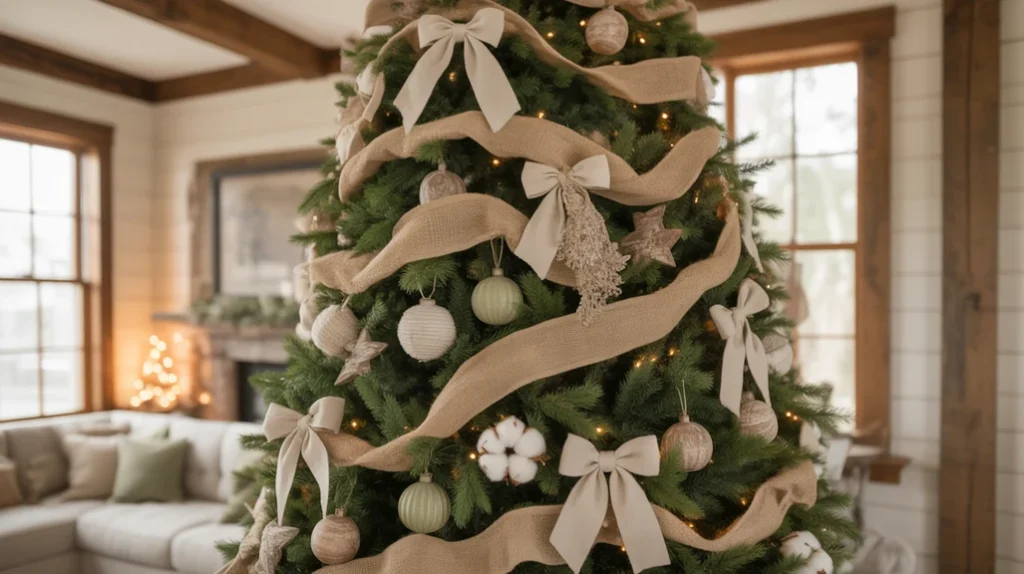 Handcrafted farmhouse Christmas tree with burlap garland and wooden accents
