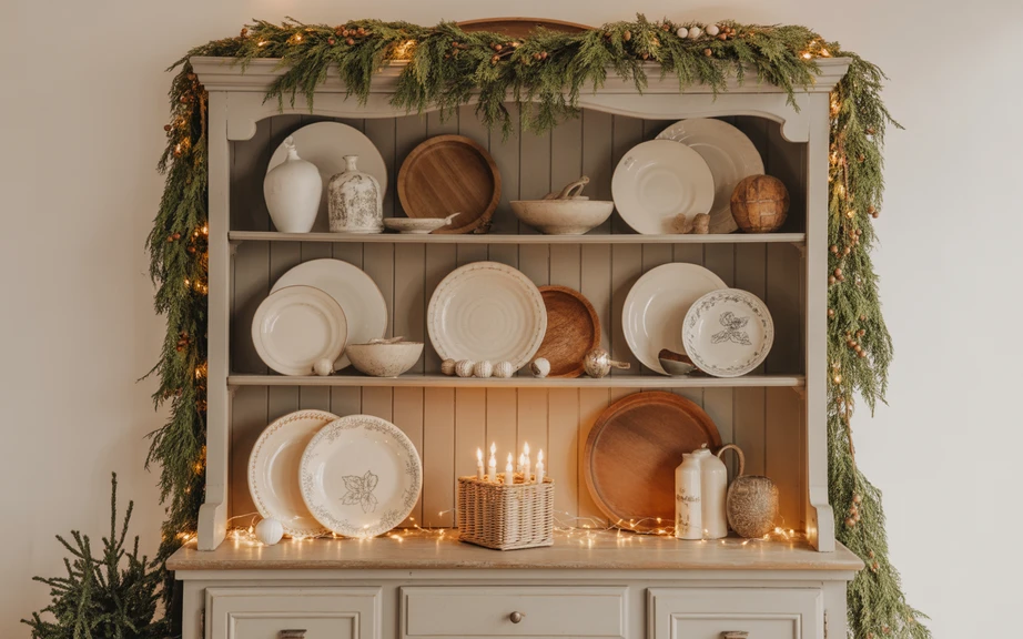 Farmhouse Hutch Styled with Christmas Accents