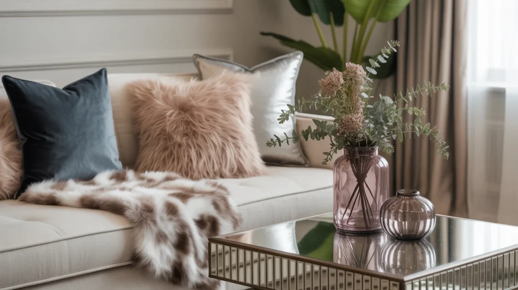 “Layered textures with velvet and fur accents in a cozy glam room.”
