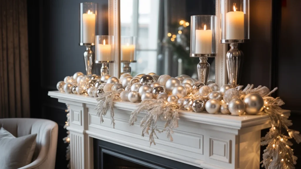 Modern glam Christmas mantel styling with metallic garlands, crystal ornaments, and luxury fireplace decor/