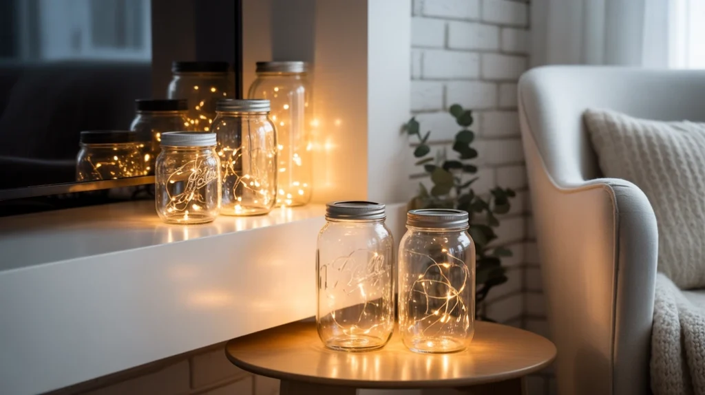 Glass lanterns with string lights creating festive glow in modern Christmas living room