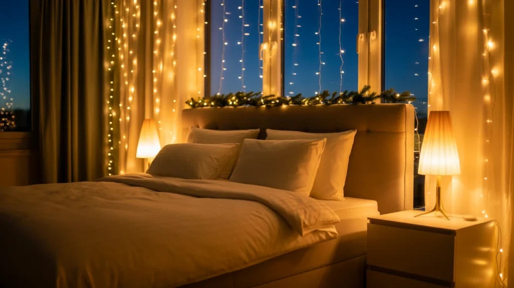 Ambient lighting with fairy lights and bedside lamps creating cozy glow in a modern Christmas bedroom