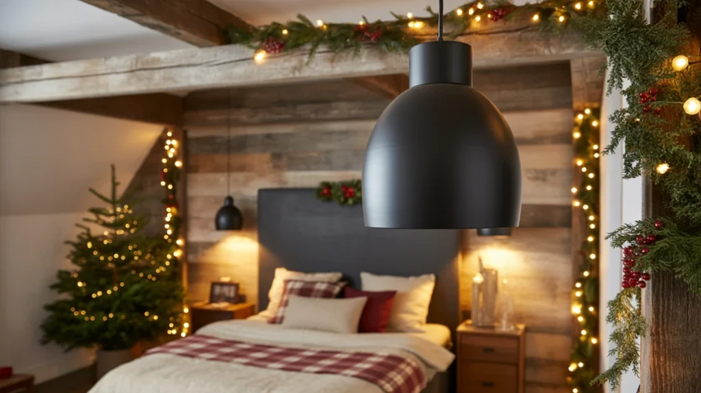 Matte black bed frame and metal light fixtures balancing modern and rustic Christmas decor