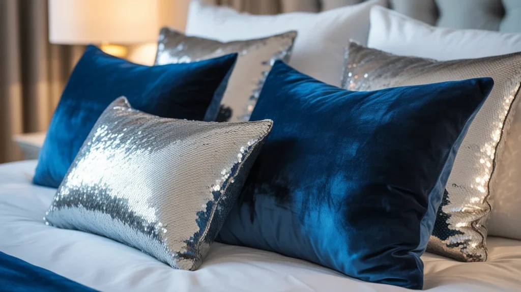 Blue velvet throw pillows paired with silver sequin cushions, adding texture and style to a Christmas-themed bed.