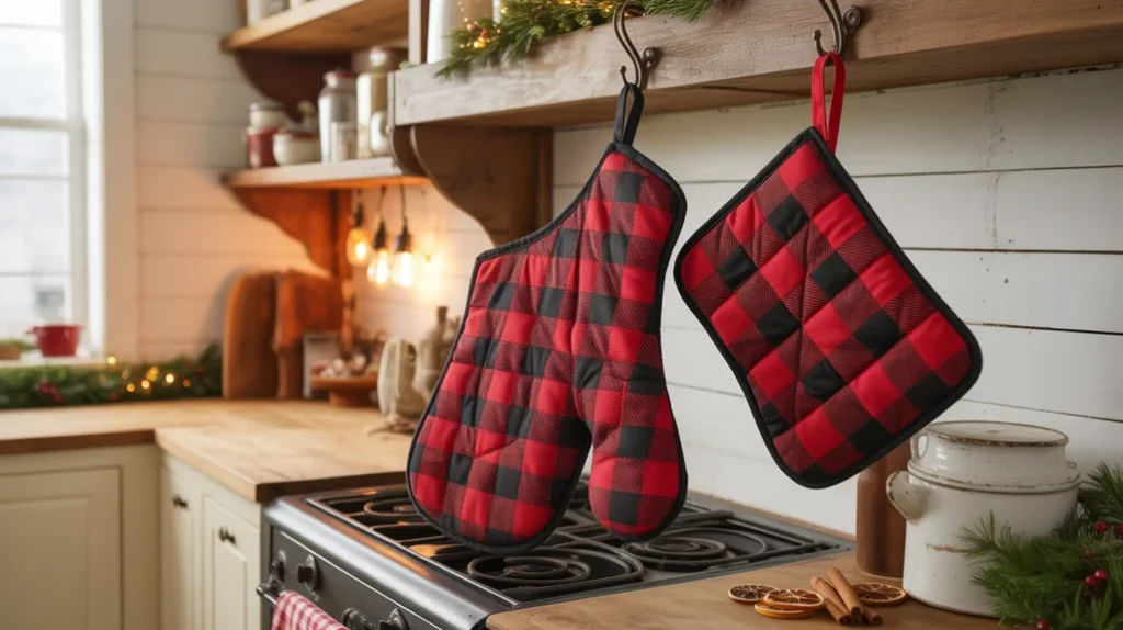 Buffalo plaid oven mitts and pot holders adding practical festive decor to the kitchen