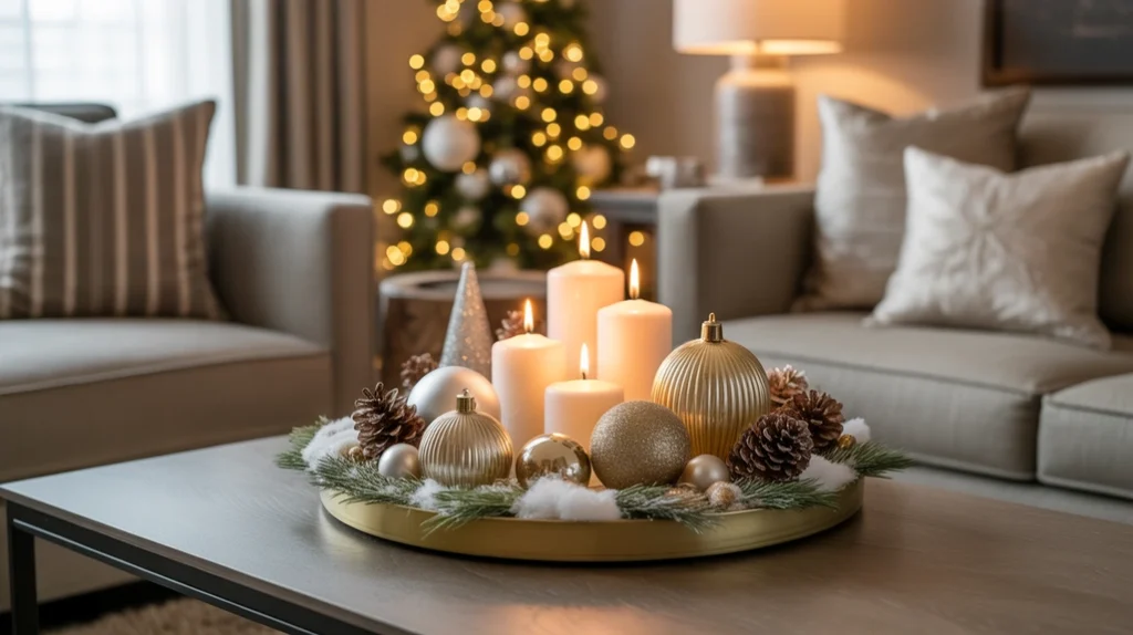 Decorative candle tray centerpiece with ornaments and pinecones for elegant and affordable Christmas decor.