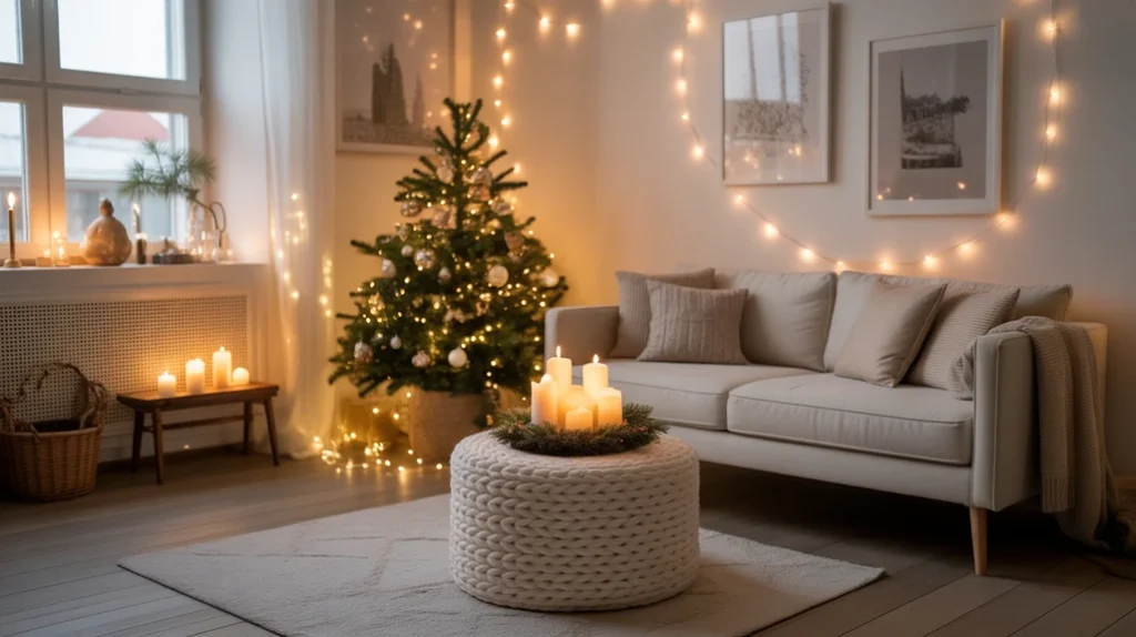 “Cozy modern minimalist Christmas living room glowing with candlelight, warm Scandinavian tones, and neutral holiday decorations.”