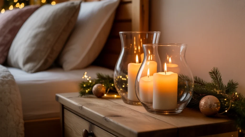 Candlelight display on nightstand creating intimate glow in Christmas bedroom decor