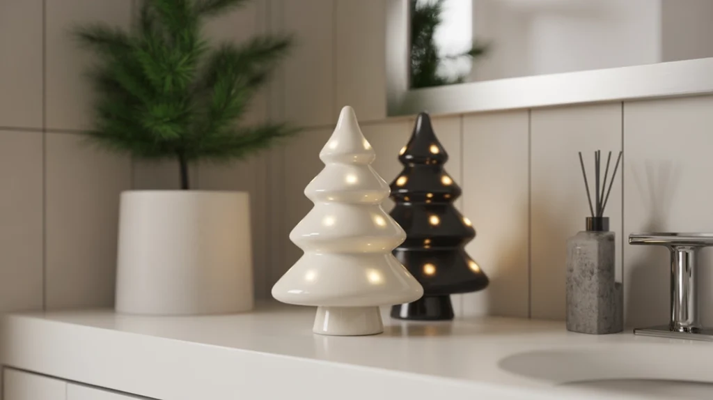 small ceramic christmas tree styled on a bathroom shelf for simple modern holiday charm