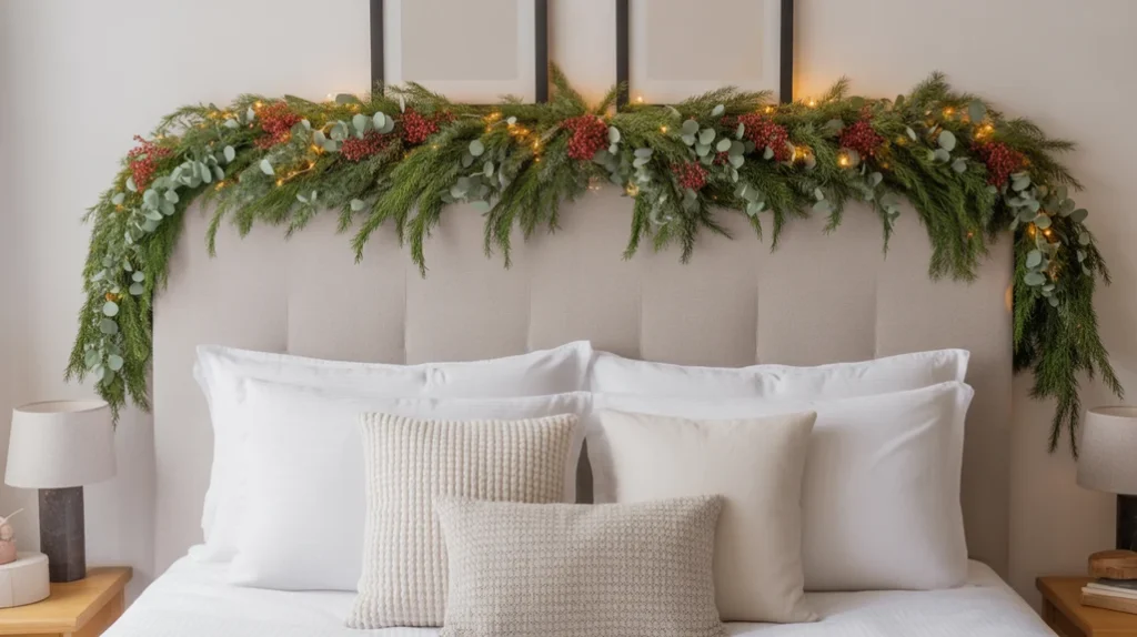 Christmas garlands and eucalyptus greenery decorating a romantic holiday bedroom