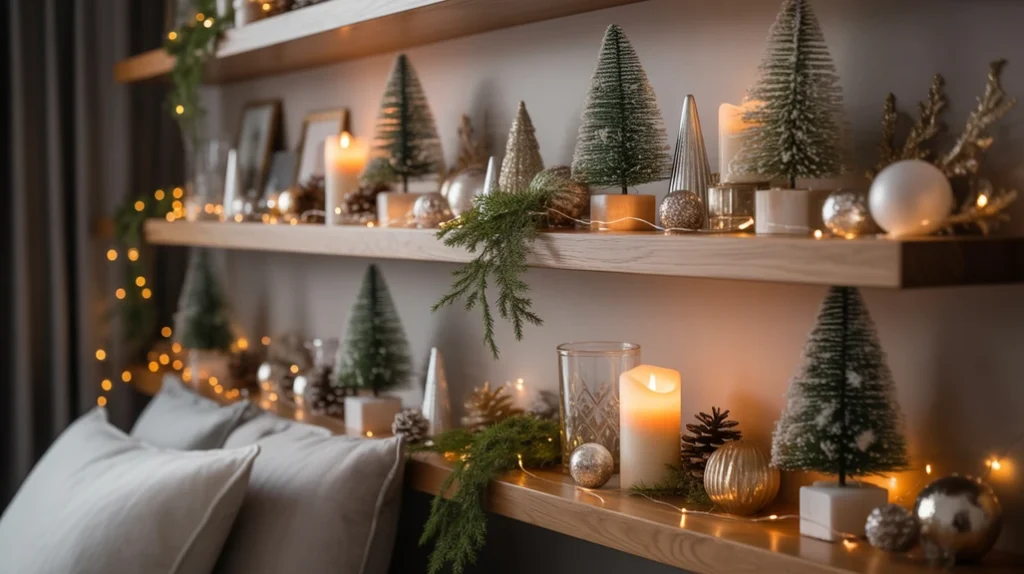 Christmas bedroom shelf styling with mini trees, candles, garlands, and tabletop decor