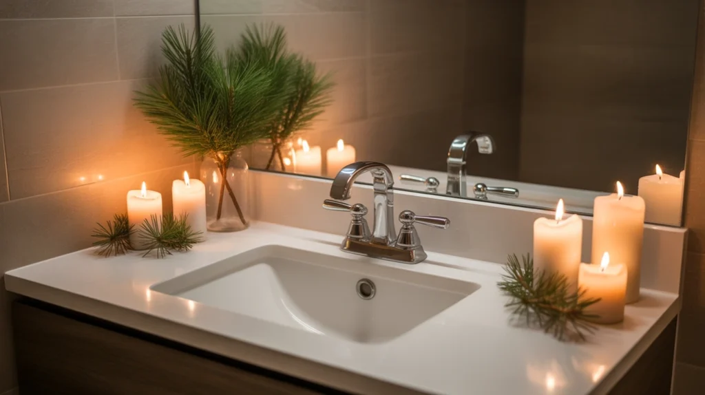 winter-scented candles glowing on bathroom sink with pine sprigs and seasonal decor