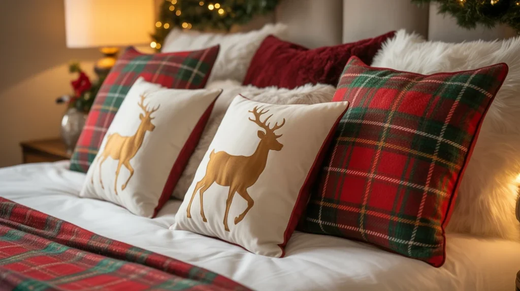 christmas themed pillows with reindeer and plaid prints decorating a festive winter bedroom
