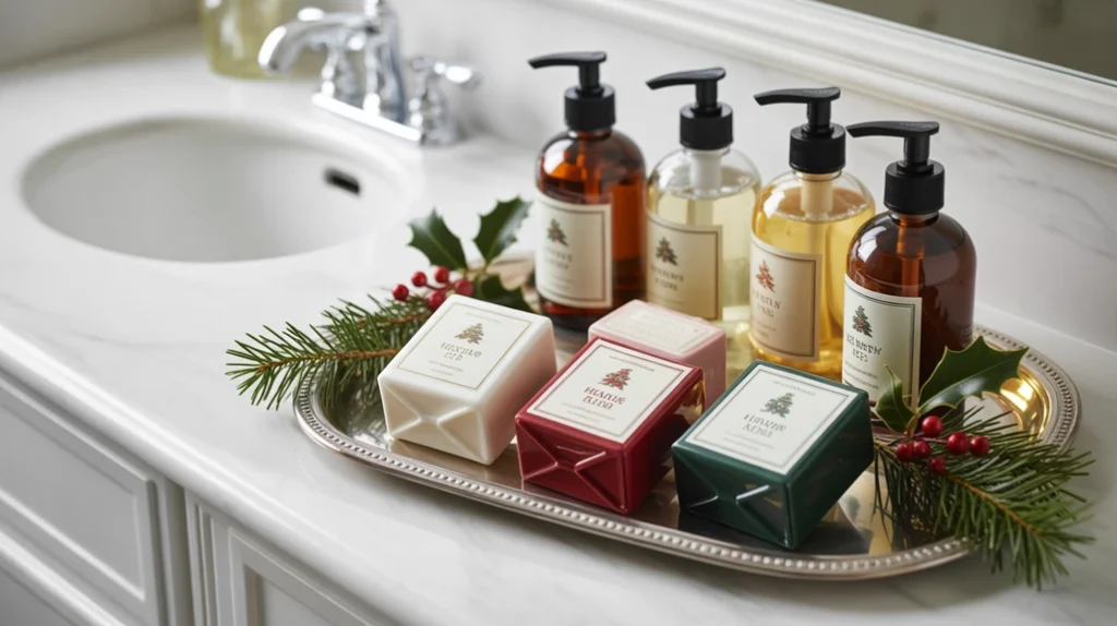 christmas-themed soaps and winter-scented handwash displayed with greenery in bathroom