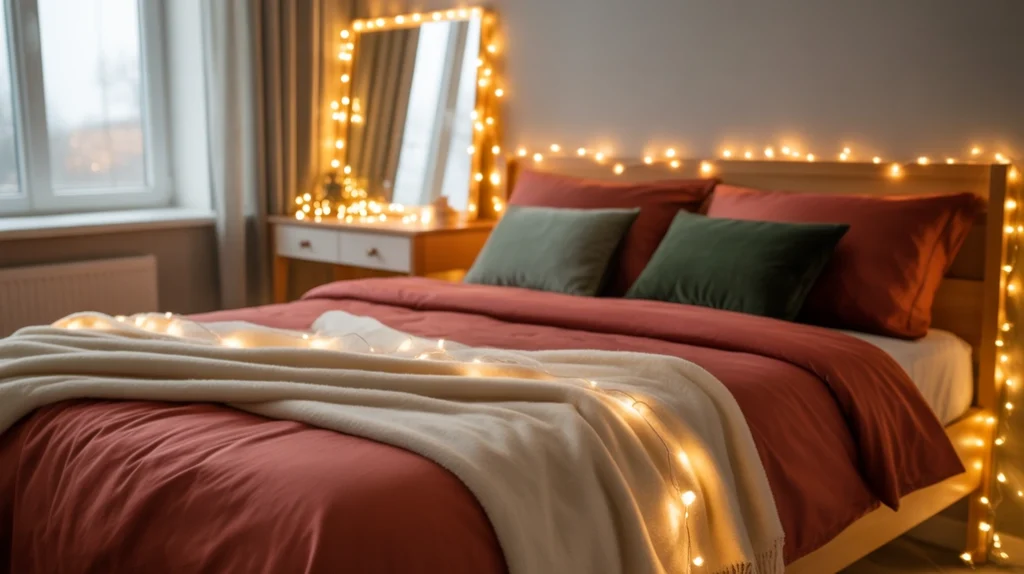 Warm Christmas string lights in red and green holiday bedroom decor
