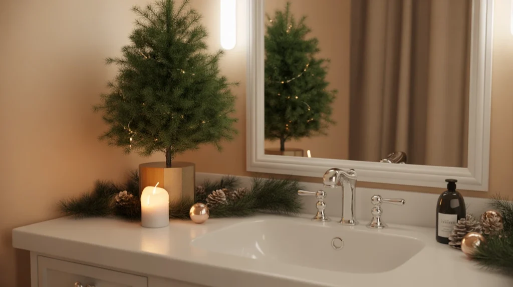 Bathroom vanity decorated with a tiny Christmas tree, candle, and greenery for a cozy holiday feel