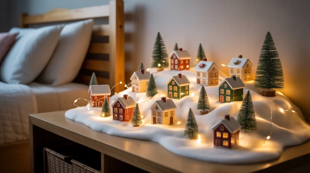 Mini Christmas village display with lights and snow on bedroom shelf