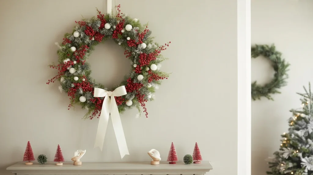 Red and white Christmas wreath with berries and ribbon hanging above console table in festive living room.