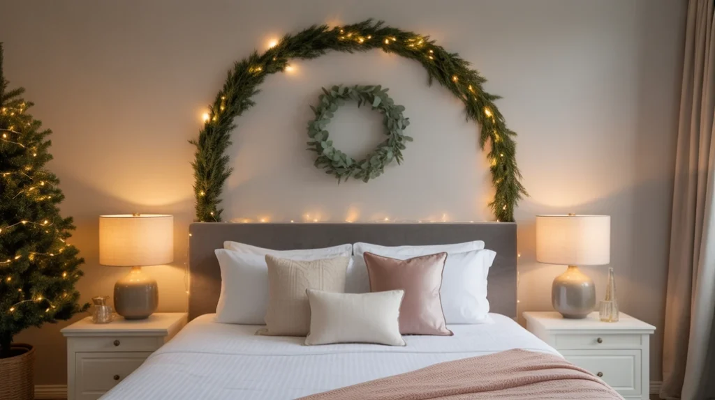 Christmas wreaths and garlands with fairy lights adding festive charm to an elegant master bedroom