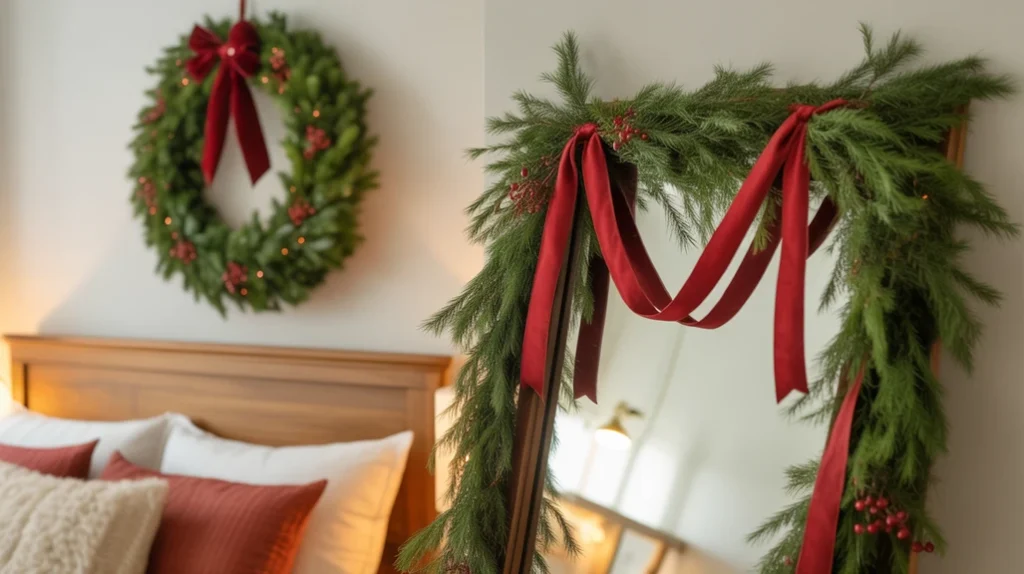 christmas bedroom decorated with red wreath and garlands adding festive greenery and winter charm