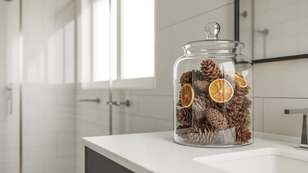 clear glass jar filled with pinecones and dried citrus in a modern minimalist bathroom
