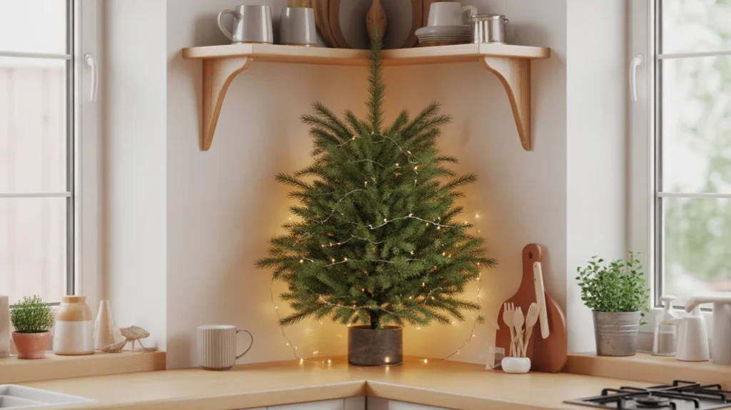 mini christmas tree placed on kitchen corner shelf with soft lights and simple festive accents