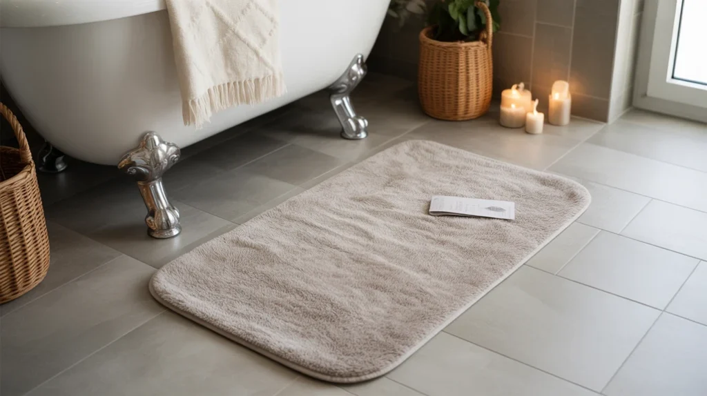 Soft textured winter bath mat in neutral tones for a cozy Hygge Christmas bathroom look.