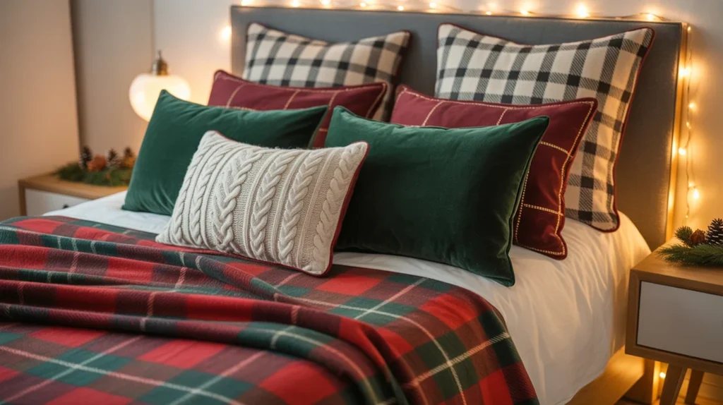 Cozy bedding setup with plaid blankets and velvet pillows in a stylish Christmas bedroom for teens