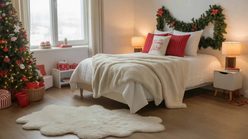 cozy rugs and warm blankets in a kids holiday bedroom for winter comfort