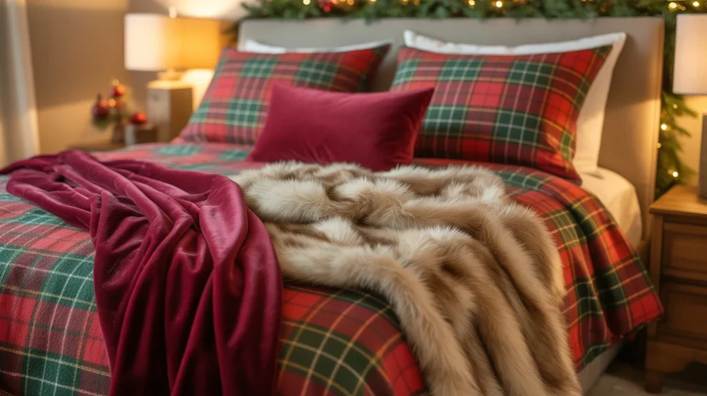 Layered flannel sheets, velvet throws, and faux fur pillows adding warmth to a classic holiday bedroom