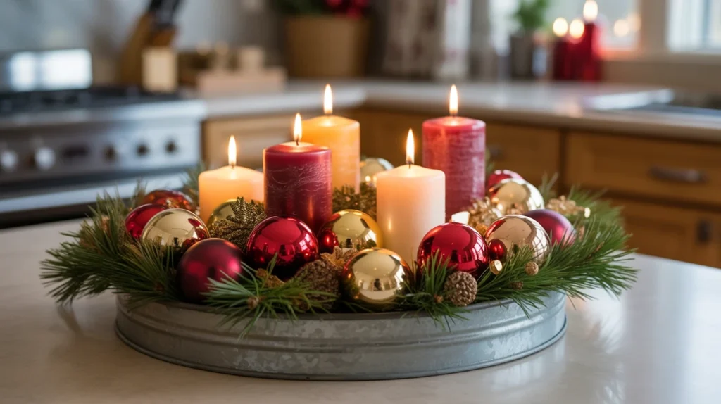 DIY Christmas tray display with ornaments, greenery, and candles for affordable countertop decor