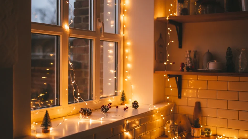 Warm fairy lights draped across kitchen shelves creating a soft Christmas glow