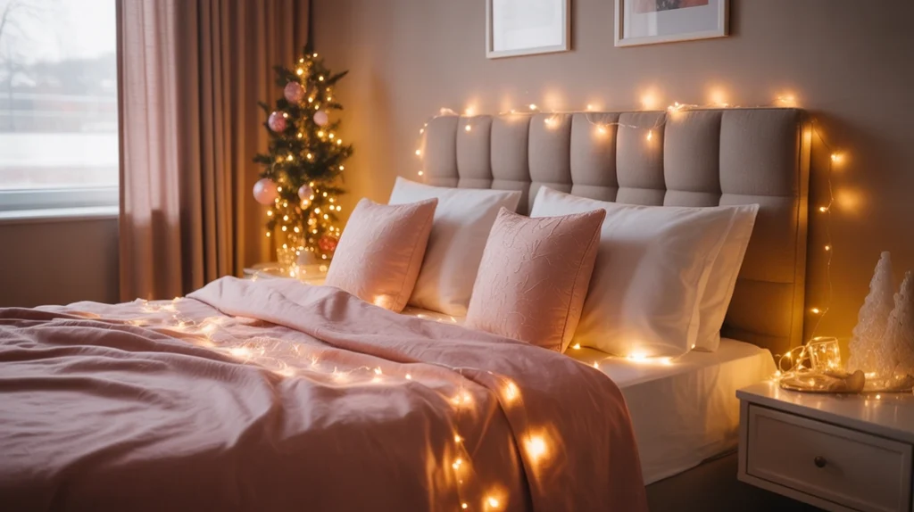 warm fairy lights glowing above blush bedding creating soft festive lighting for a pink Christmas bedroom