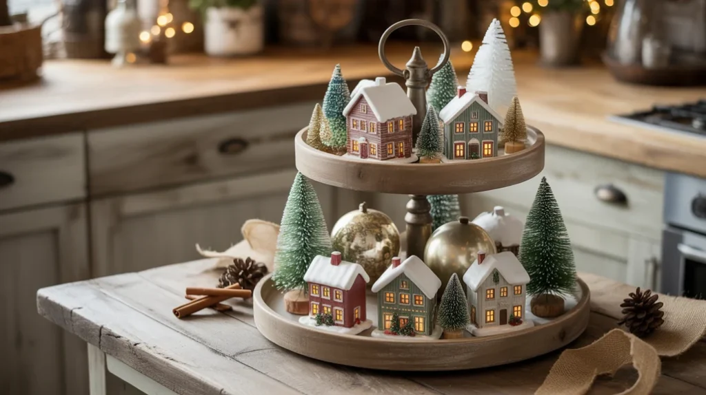 two tier farmhouse christmas tray with mini houses, bottle brush trees, and rustic holiday accents