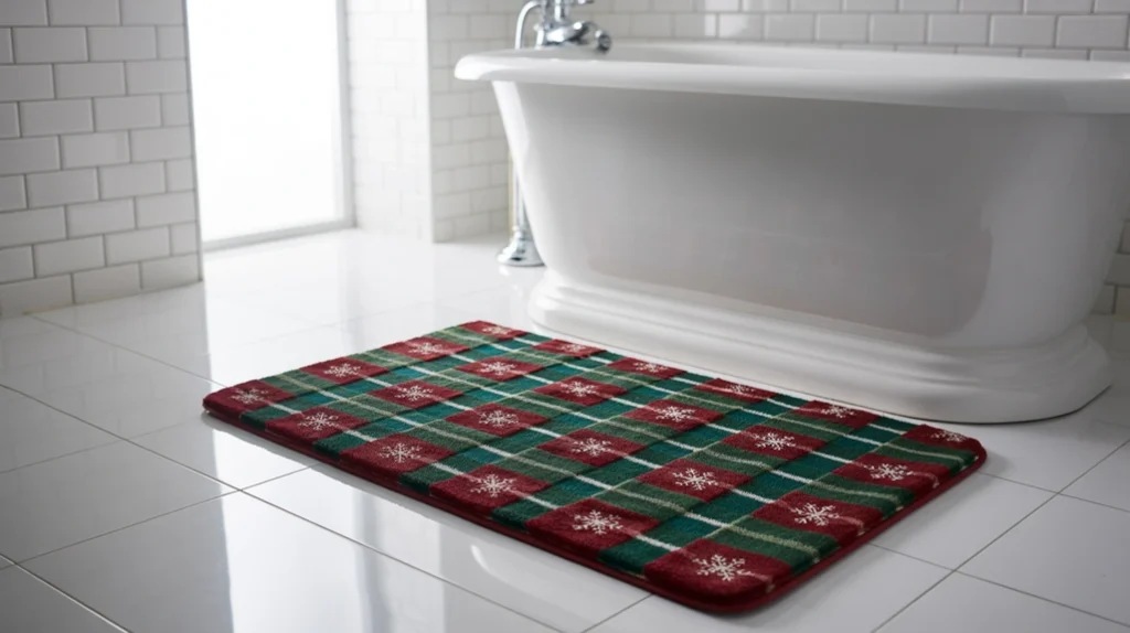 “festive red bath mat with winter patterns on a clean bathroom floor”