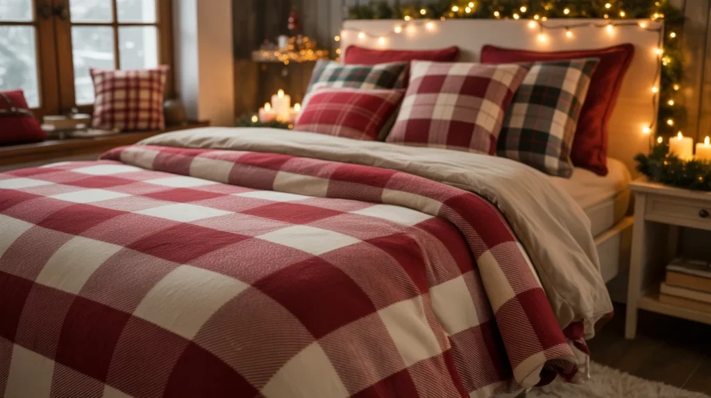 Festive bedding with plaid pillows and soft textures for warm apartment Christmas setup