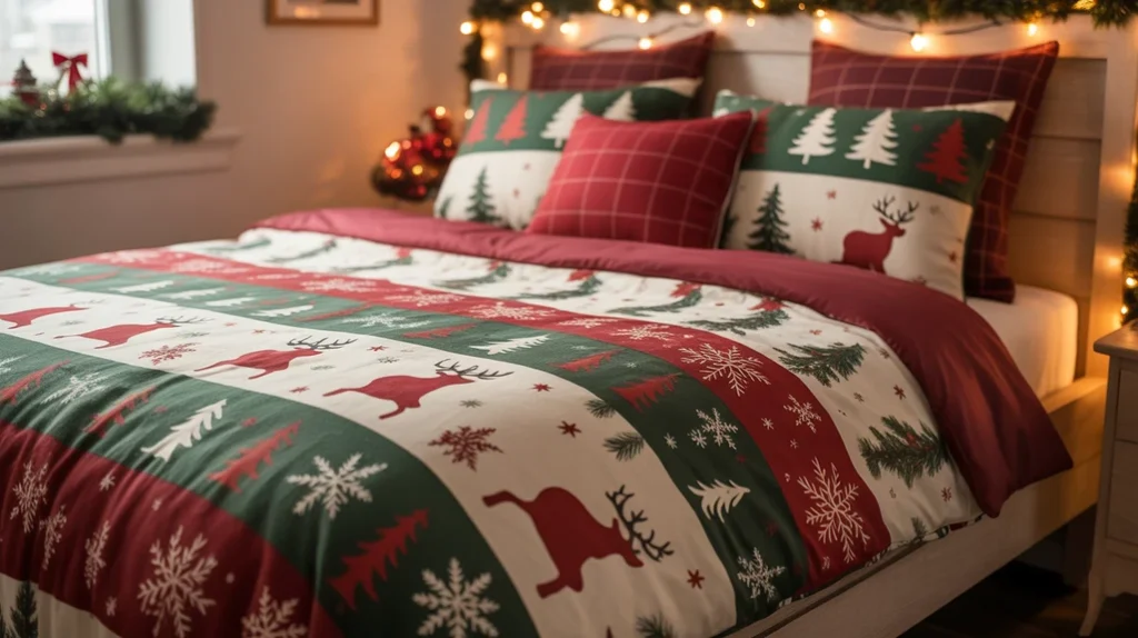 Festive bedding set with snowflake prints and plaid pillows in small bedroom holiday setup