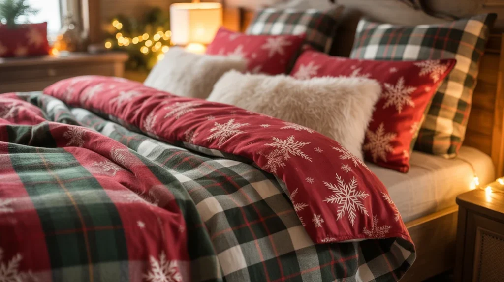 Festive bedding with plaid prints and cozy textures for a small holiday bedroom