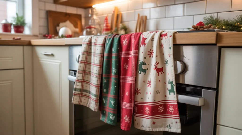 Christmas dish towels with holiday patterns hanging on oven handle in a small apartment kitchen