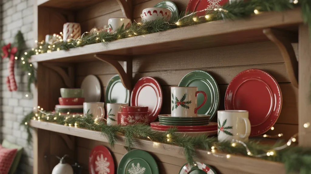 Festive Christmas mugs and plates displayed on open kitchen shelves