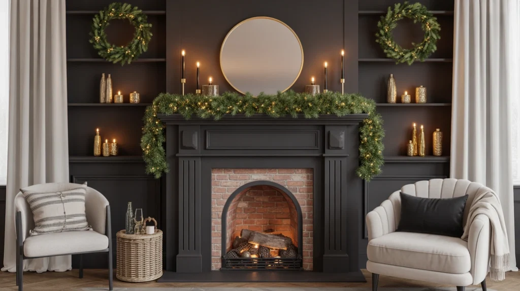 Black and gold fireplace mantel decorated with garlands, candles, and gold mirror for Christmas.