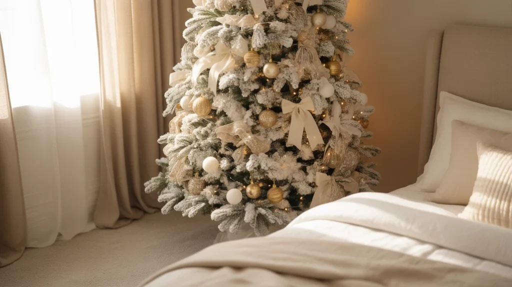 Flocked Christmas tree for winter wonderland bedroom decor