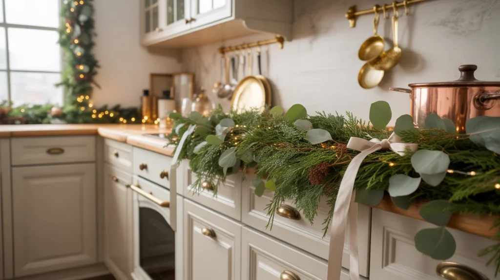 fresh eucalyptus garlands and greenery bringing natural elegance to christmas kitchen decor