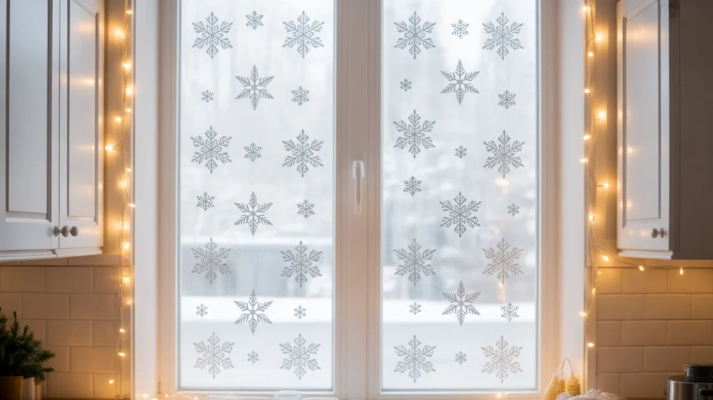 Kitchen window decorated with frosted snowflake decals and soft fairy lights for a clean and modern winter look.