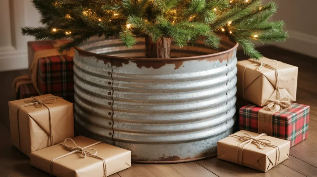 Galvanized metal tree collar under a farmhouse Christmas tree for authentic rustic holiday décor.