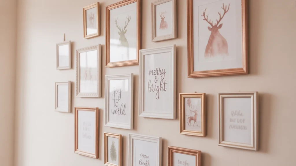 Girly Christmas gallery wall with pastel prints, holiday quotes, and reindeer artwork