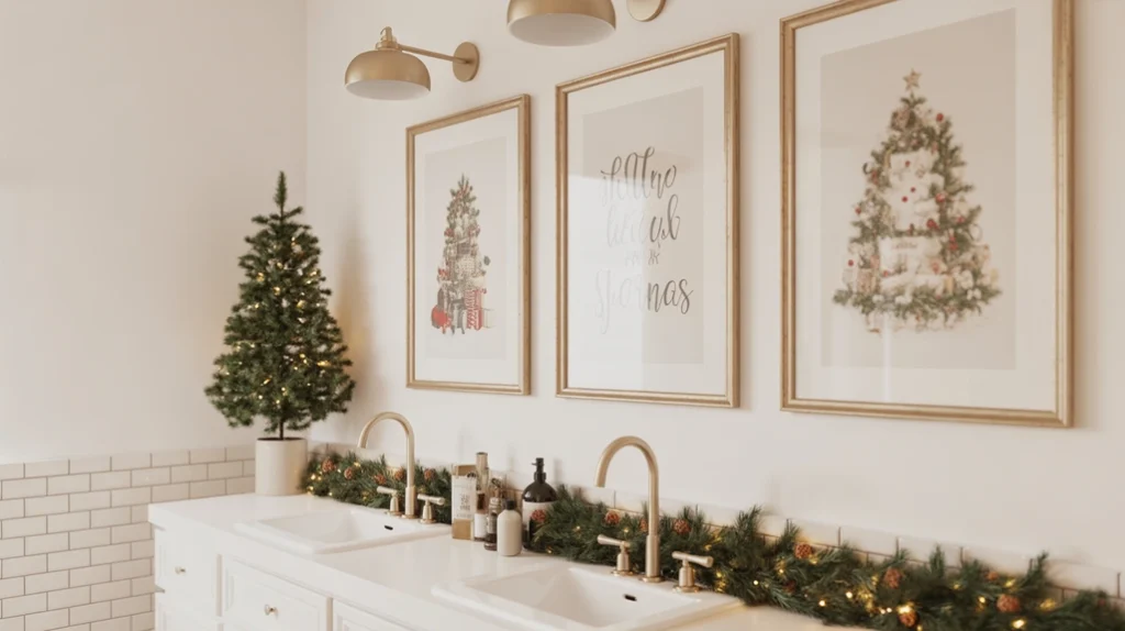 bathroom wall art in gold frames styled with christmas prints and seasonal greenery
