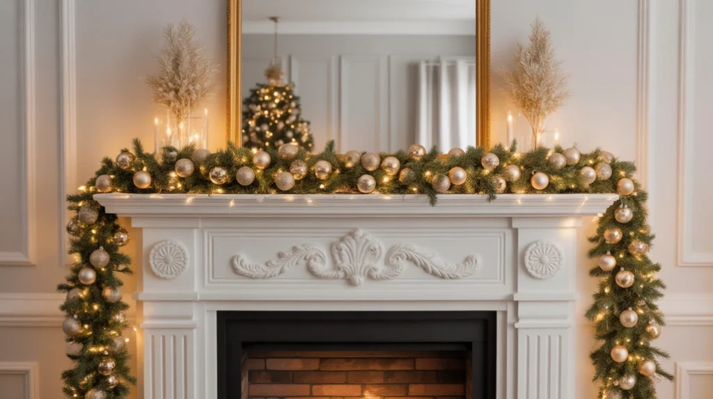 Fireplace mantel styled with white garland, gold ornaments, and candles for elegant Christmas décor
