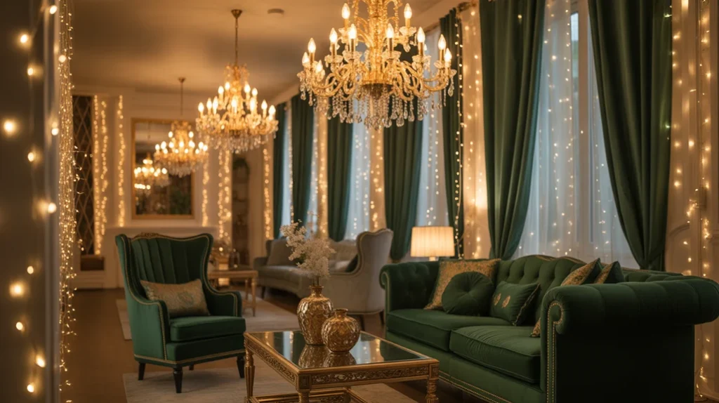 Warm gold Christmas lighting illuminating emerald decor and creating a cozy, festive glow in the living room.