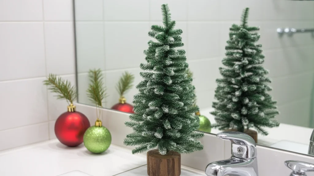 red christmas candles glowing softly on a clean bathroom vanity